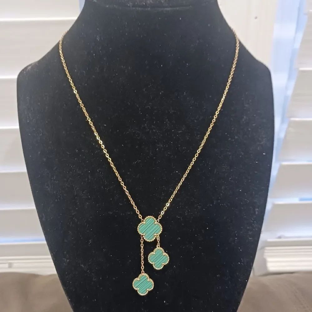 18KT Gold Plated overlay Stainless Steel Green Clover Necklace